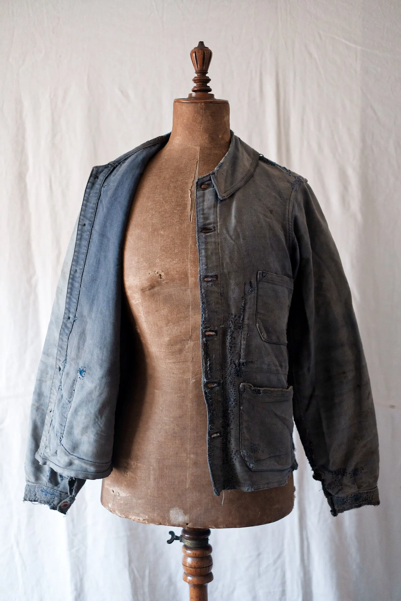 [~ 30's] Veste de travail de moleskin bleu vintage française 