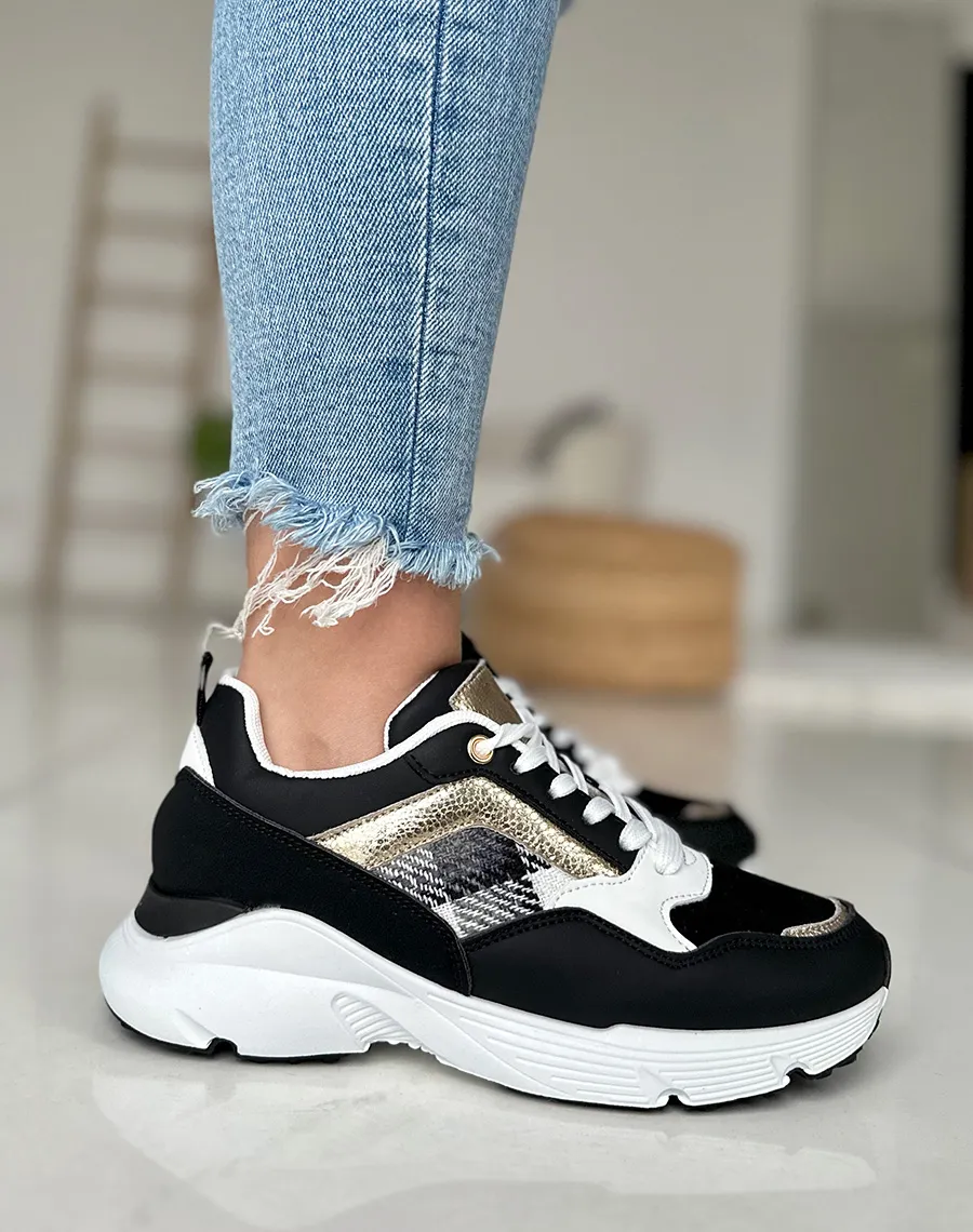 Black Bicolor Detail and Black and White Tartan Pattern Sneakers