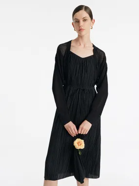 Ensemble deux pièces robe midi plissée à bretelles fines et cardigan t