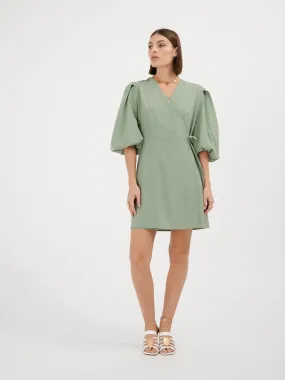 EURYDICE - Robe portefeuille courte à manches ballons en toile de coton Oeko-Tex vert céladon