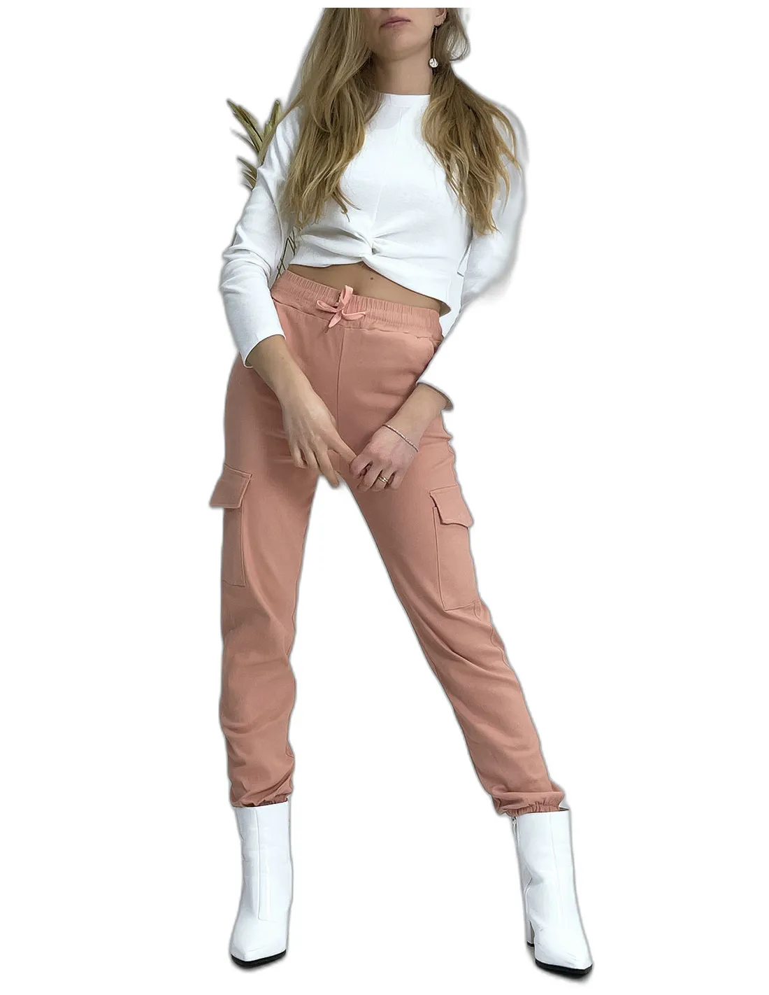 Pantalon treillis rose en strech avec poches