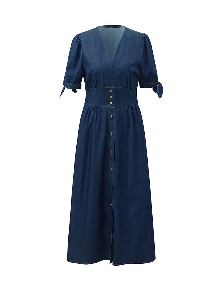 Robe midi en denim à taille froncée pour femme