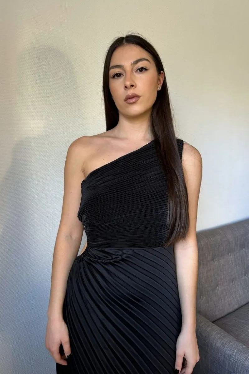 Black Asymmetrical Cutout Pleated Dress