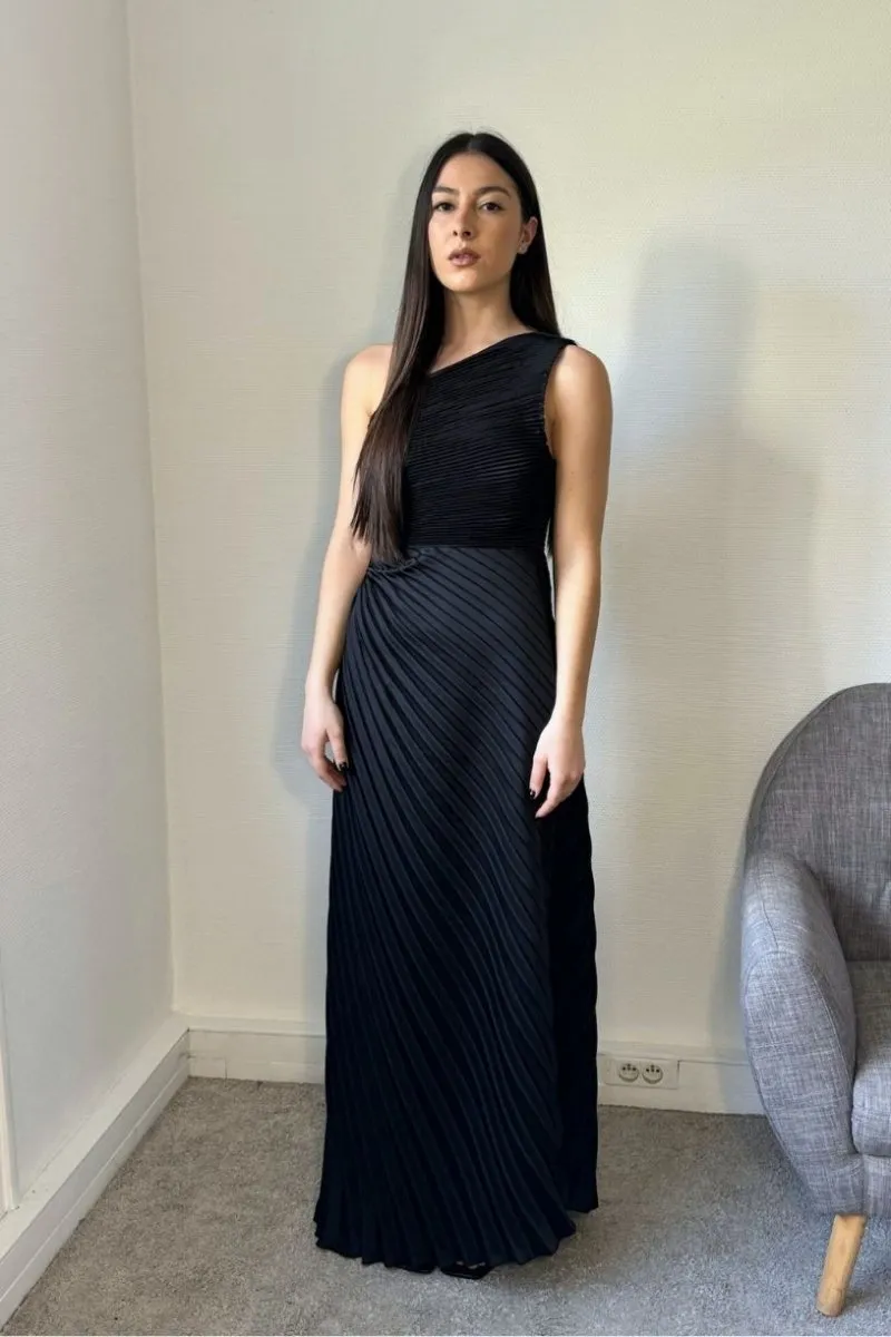 Black Asymmetrical Cutout Pleated Dress