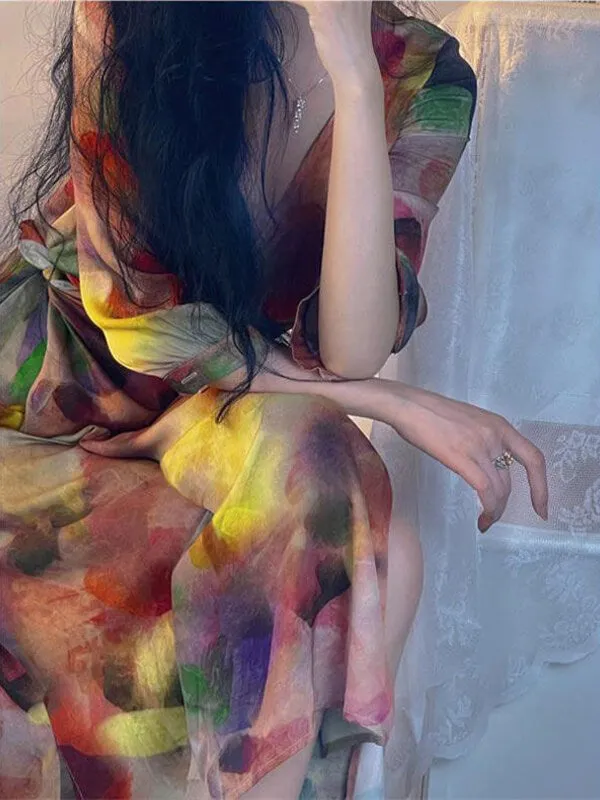 Robe Tie-dye Romantique Avec Liens Col V