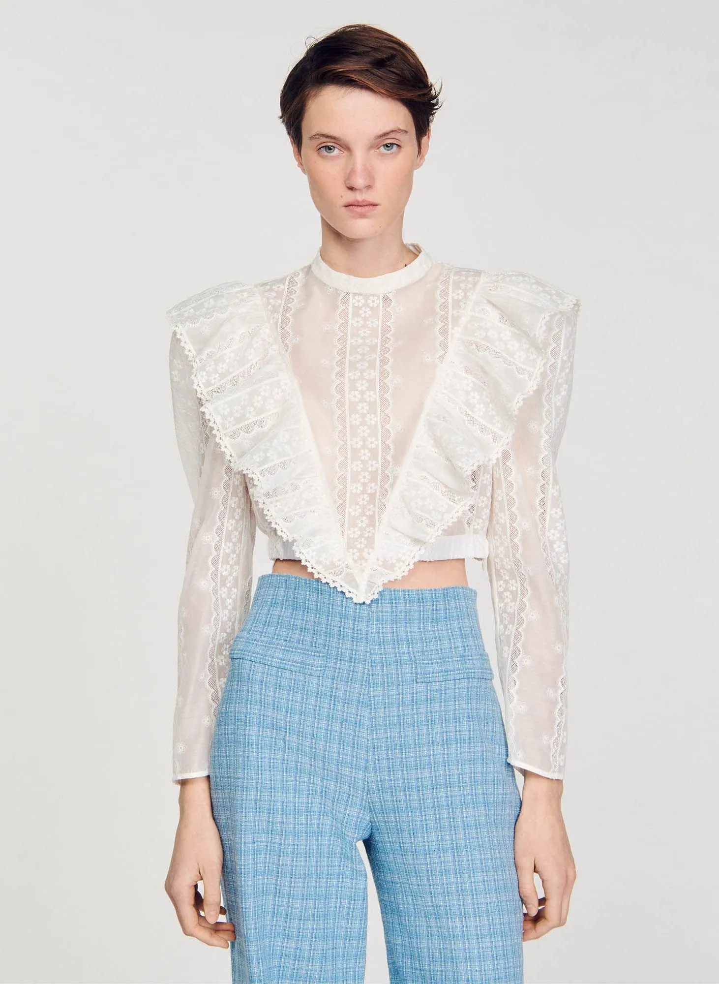 SANDRO  Top court en broderie anglaise semi-transparente - Blanc