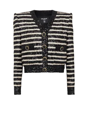 Short Striped Sequined Jacket with 2 Pockets