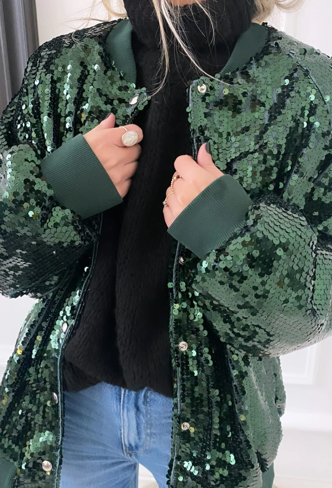 Veste teddy verte à sequins