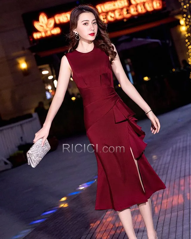 À Volants Mi Longue Satin Robe Pour Mariage Peplum Élégant Bordeaux Robe De Ceremonie Fourreau